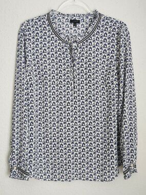 TALBOTS Birdcage Novelty Print Ruffle Neck Top M